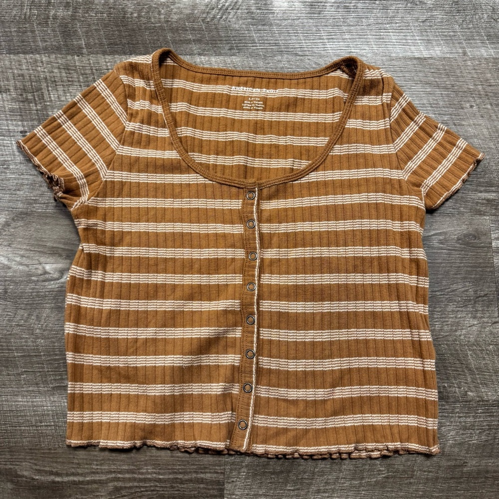 American Eagle Brown Striped Short Sleeve Shirt Size Small